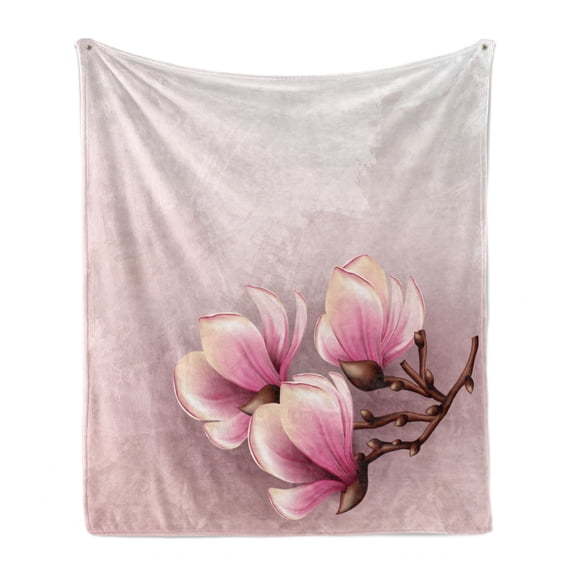 Magnolia Soft Flannel Fleece Blanket, Fragile Petals of Magnolia Flower Bloom on Brush Stroked Background, Cozy Plush for Indoor and Outdoor Use, 50" x 70", Pink Baby Pink and Brown, by Ambesonne