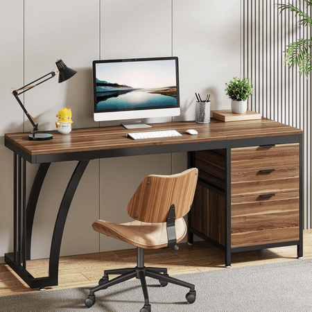 Tribesigns Computer Desk with 3 Drawers 59-Inch PC Desk with Reversible Drawers Industrial Study Writing Table Workstation with File Storage for Home Office Walnut