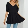thumbnail image 4 of Women Summer Loose Top Mid Length Puff Sleeve V Neck Ruffle Hem Blouse for Female Black XXL, 4 of 7