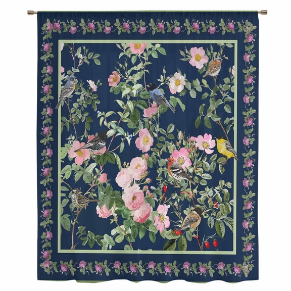 Navy Blue Flowers Sheer Curtains 96" Long, Spring Floral Elegant Pastoral Botanical Light Filering Curtains, Privacy Drapes Simi Floor to Veiling Curtain for Living Room Large Window Treatment