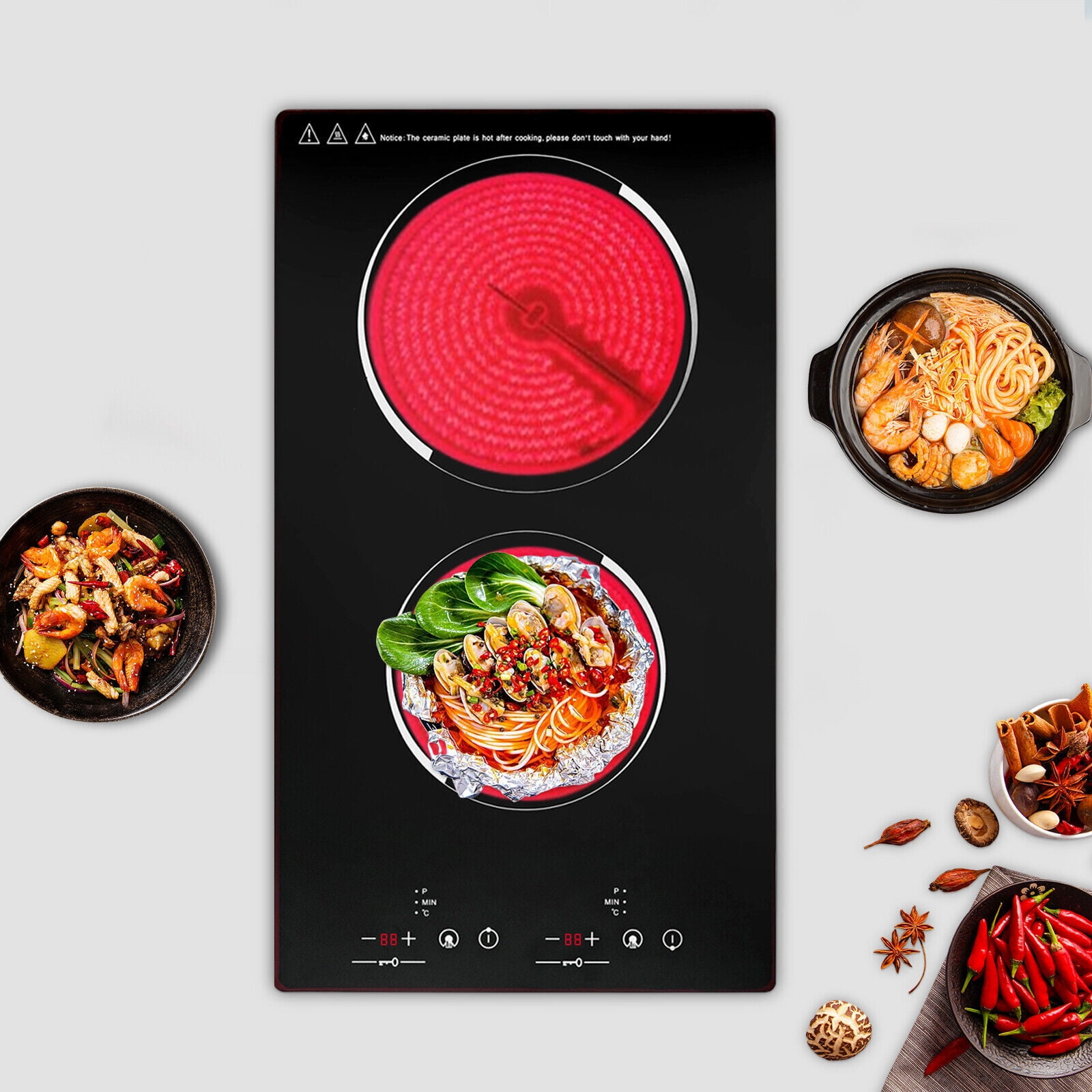 2 Burners Modern Electric Cooking Stove Ceramic Cooktop Touch Control 1500W 140-482°F Black 20.08*11.34in