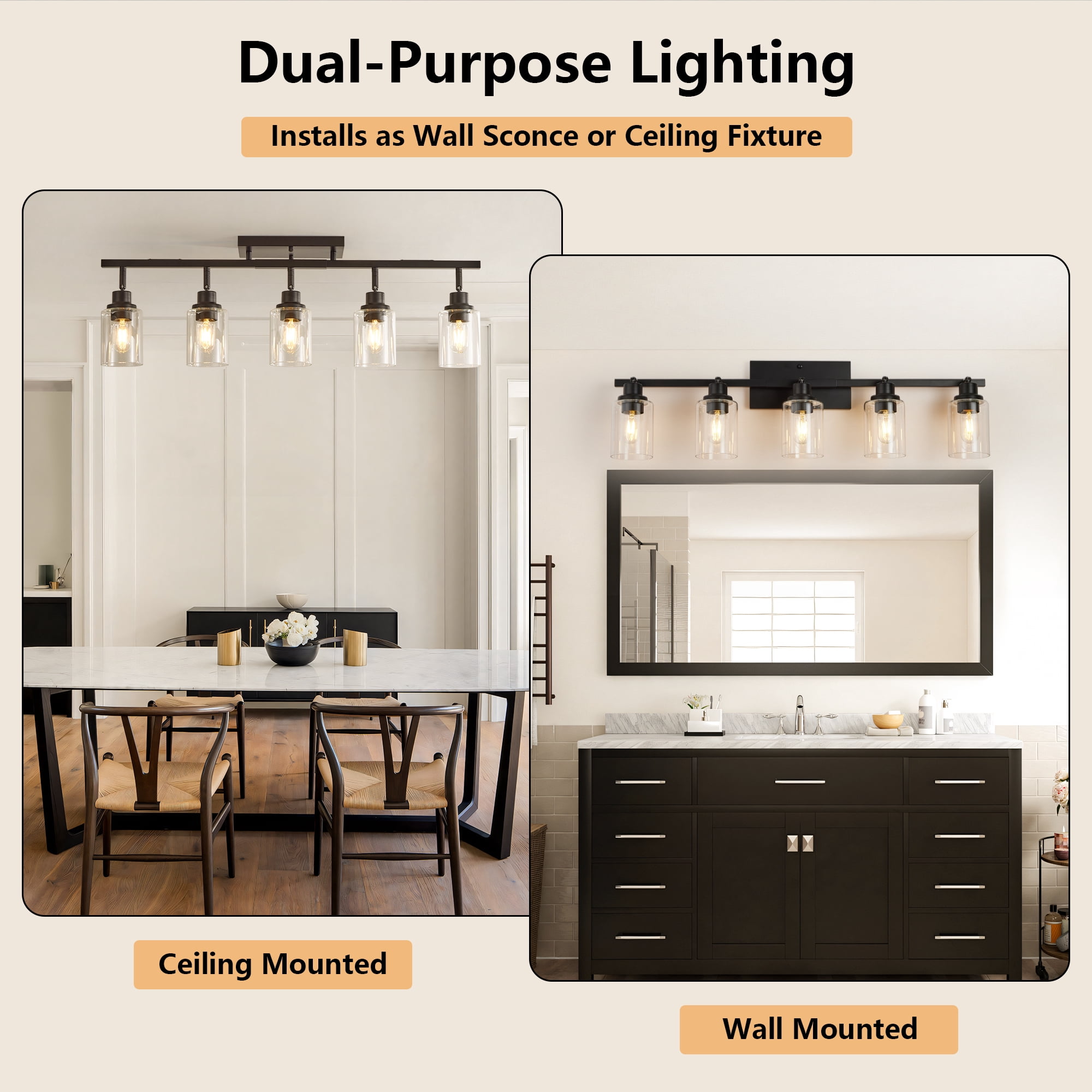 Jopath 5-Light Semi Flush Mount Ceiling Light, Adjustable Chandelier with Clear Glass Shades, Rotatable Black Track Lighting Fixtures for Hallway Foyer Bedroom(Bulb Not Included)