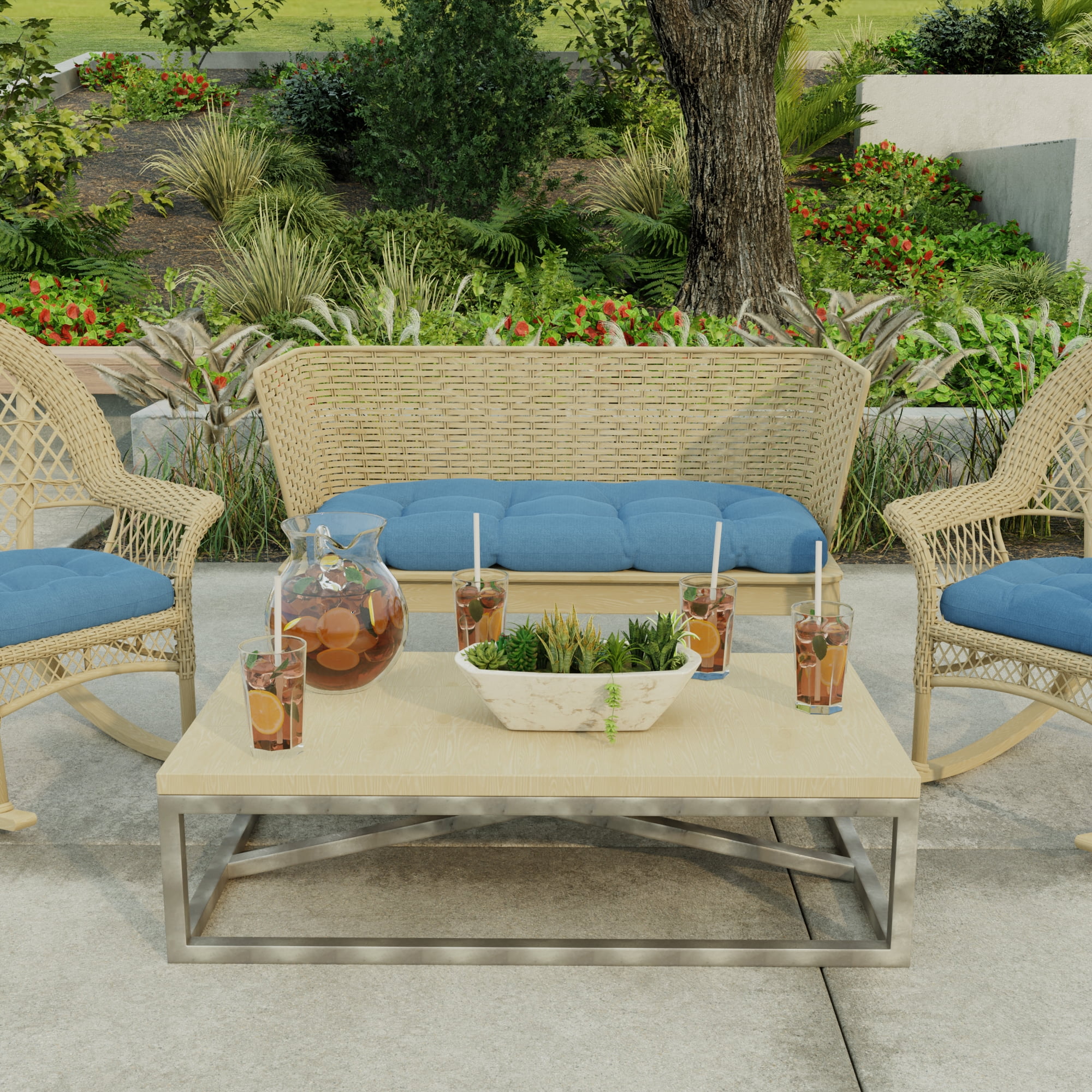 Jordan Manufacturing 44" x 18" McHusk Capri Blue Crosshatch Rectangular Tufted Contoured Crosshatch Outdoor Wicker Settee Bench Cushion