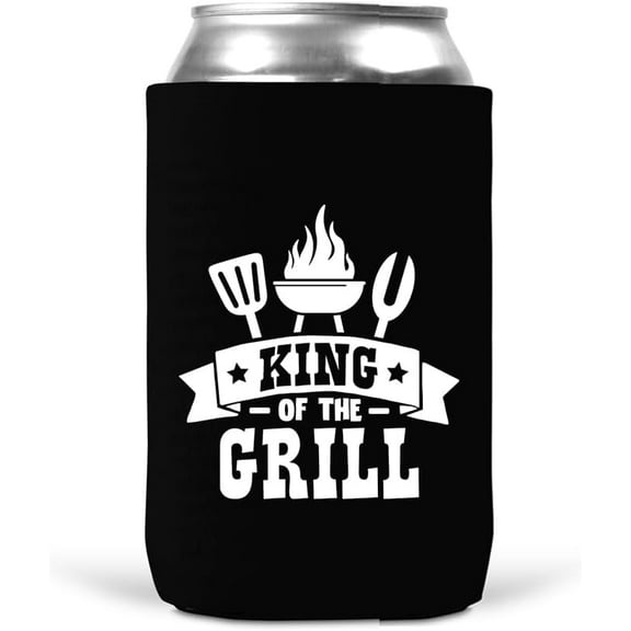 12 pack King of the Grill Can Cooler - 12 oz Drink Soda Beverage Sleeves - Set of 12 Cozies Gift Idea for Dad Him Husband Men Who Love to Barbecue