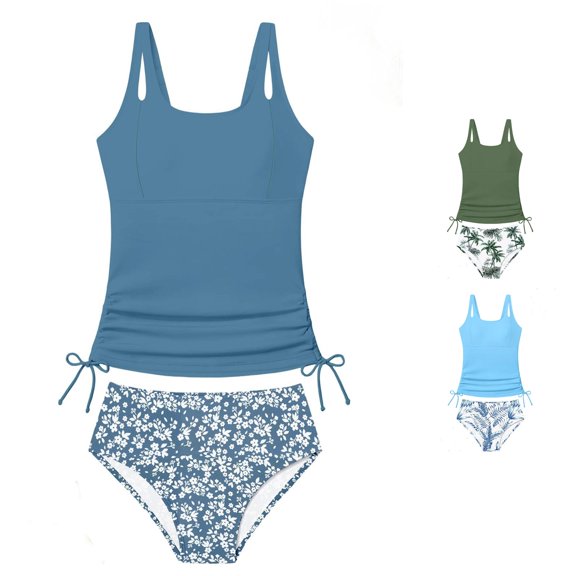 REDARER Girls Two Piece Tankini Swimsuit Solid Cutout Strap Side Drawstring Ruched Top Tree Print Bikini Summer Pool Beach Bathing Suit,13-14 Years