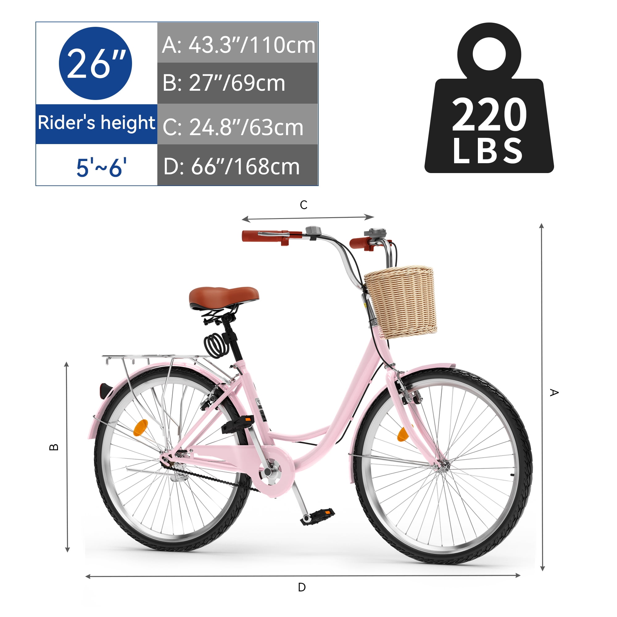Uforic 26'' Beach Cruiser Bike for Adults - 1-Speed Commuter Bicycle, Adjustable Comfort Seat in Fresh Pink - Easy-Ride Design
