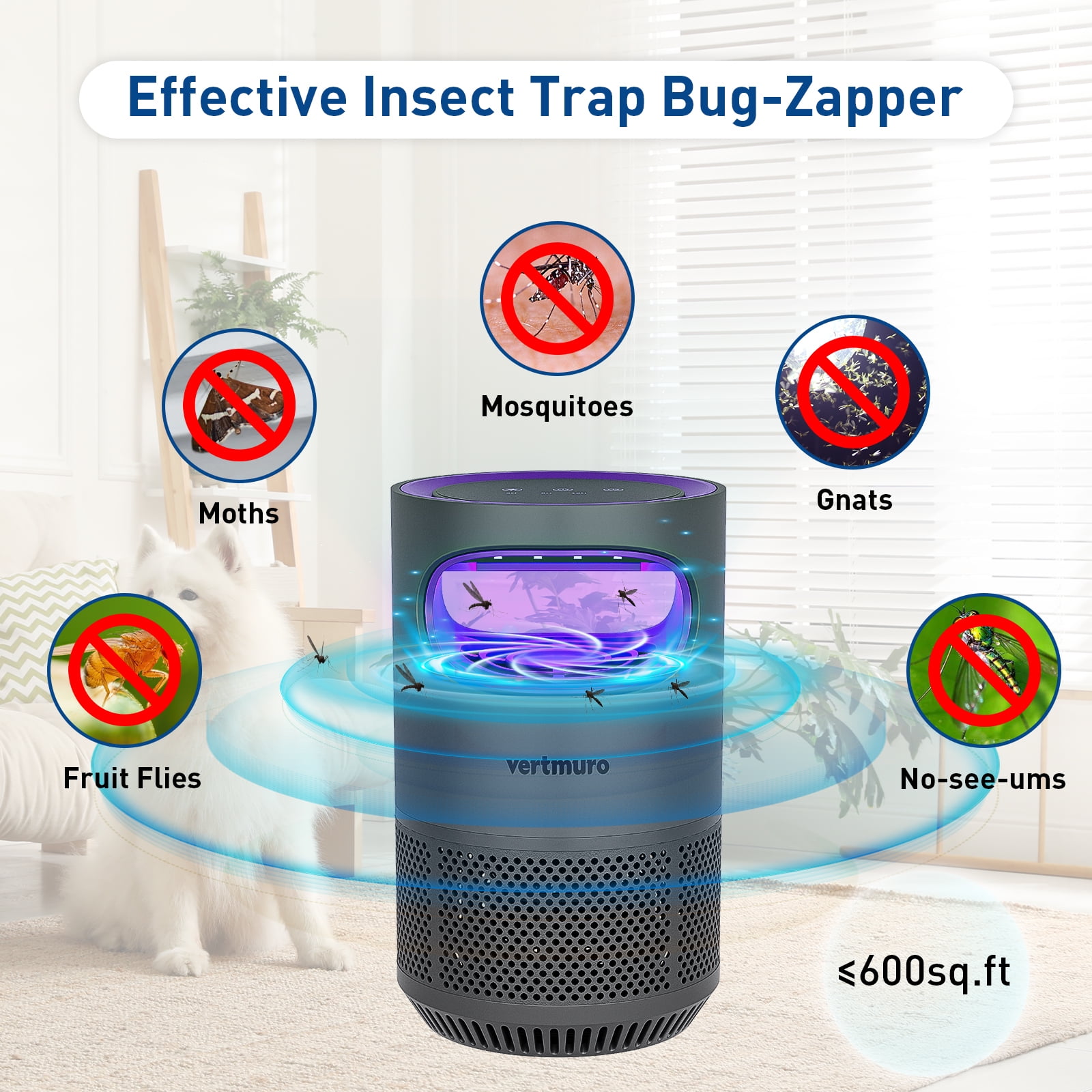 Indoor Insect Trap, 2-Mode Bug Catcher & Killer with Strong Suction, Time Setting, UV Light, Mosquito Bug Zapper for Fruit Flies, Gnats, Moths