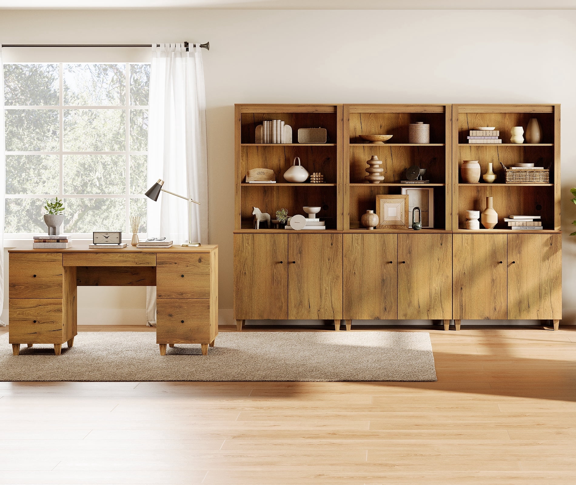 WAMPAT Home Office Furniture Set, 58" Executive Desk with Charging Station and Drawers,3-Column 71" Tall Bookcase with Doors and Adjustable Shelves for Living Room, Dark Brown Wood