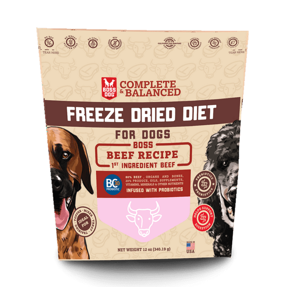 Boss Dog Complete & Balanced Freeze Dried Raw Diet for Dogs, Beef Recipe, 12 oz Bag