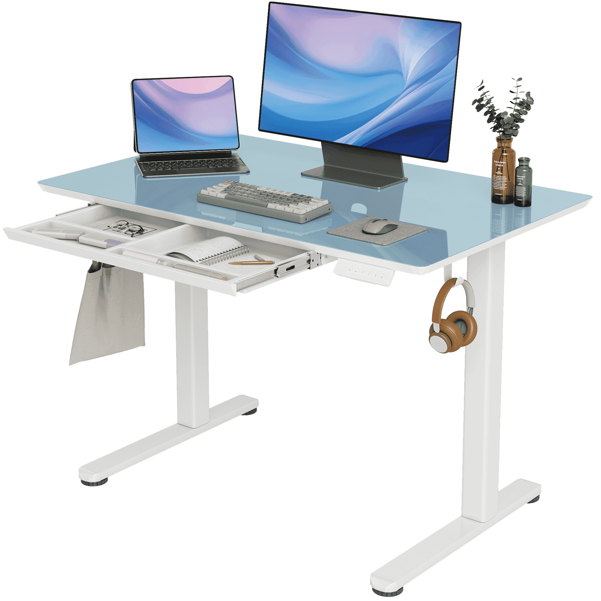 INNOVAR Glass Standing Desk with Drawers, 40 inch Adjustable Height Electric Sit to Stand up Desk, Glass Top Small Standing Teacher Desks with Storage, Morandi Blue