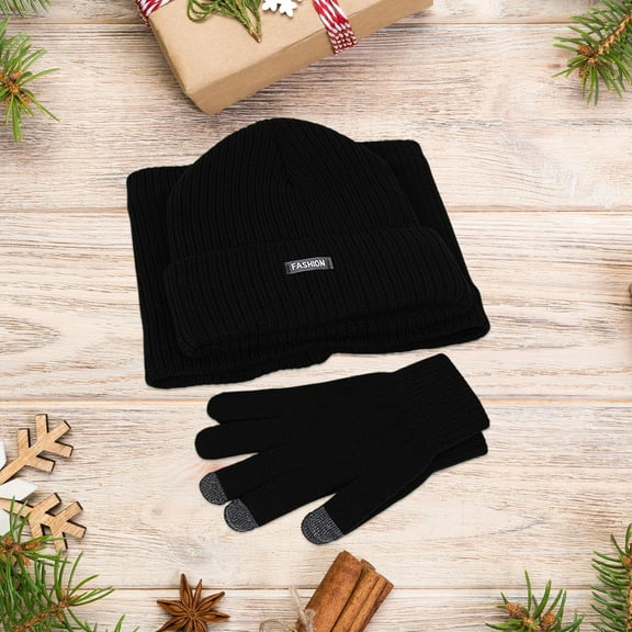 Winter Beanie Hat Scarf Gloves Set for Women, Womens Beanie Hat with Long Scarf Neck Warmer Touchscreen Gloves ,Gifts for Christmas , Thanksgiving and Birthdays(Black)
