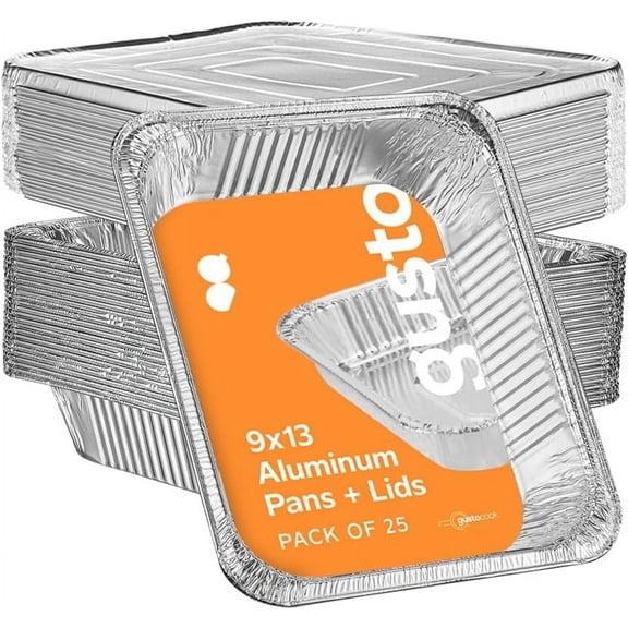 GUSTO 9x13 Aluminum Foil Pans Disposable with Lids Half Catering Trays, 25-Pack
