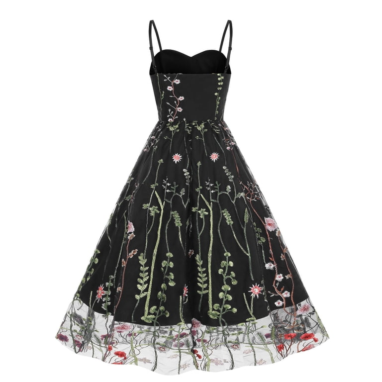 Brglopf Womens Floral Embroidery Sheer Mesh Dresses Spaghetti Strap Vintage Cocktail  Party Dress Wedding Prom Evening Swing Dress Black M - Walmart.com