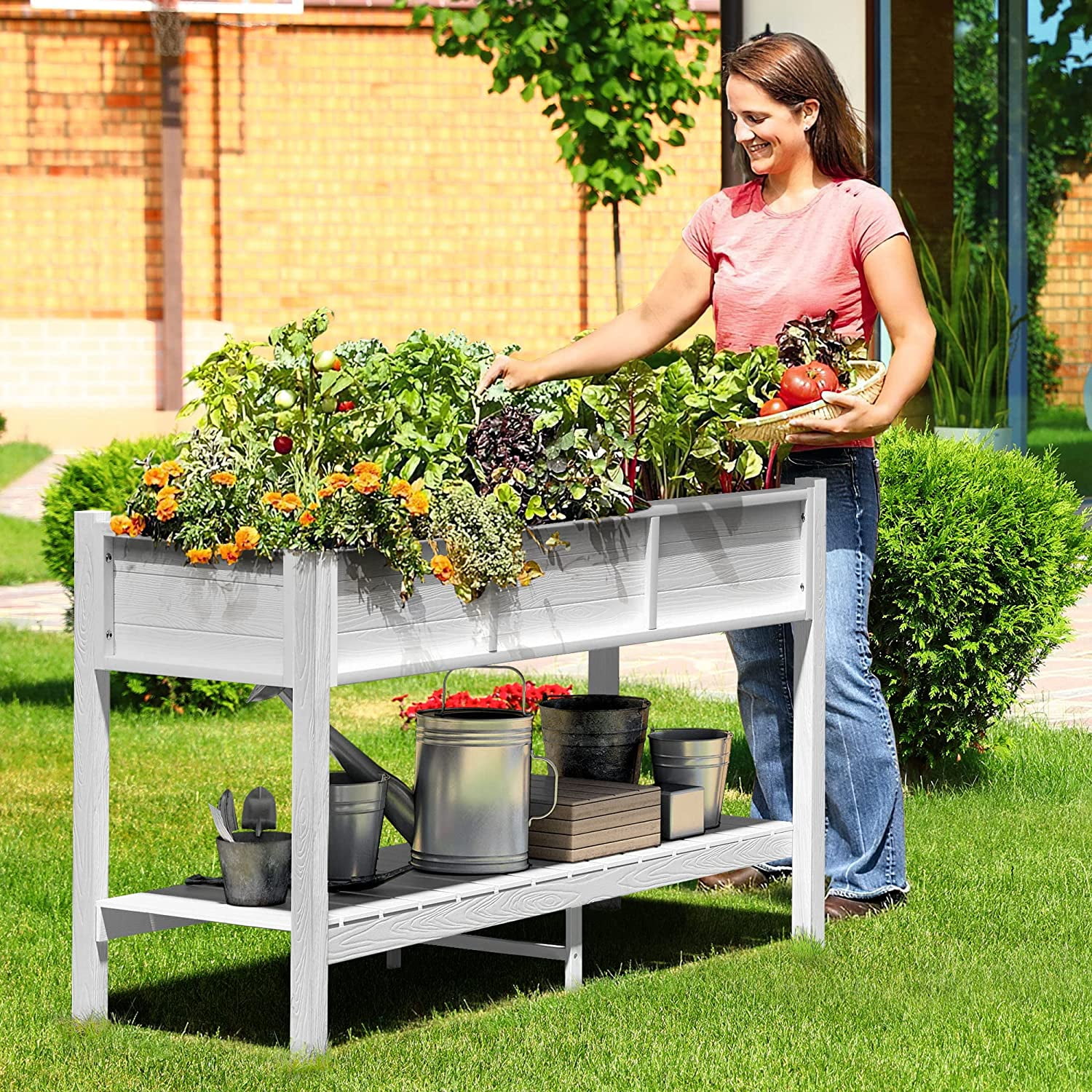Dextrus 48in Poly Wood Raised Garden Bed With Storage Shelf - White