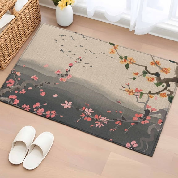 Entryway Rug 2'x3', Chinese Ink Painting Small Rug for Kitchen Bathroom Door Mat Indoor Entrance, Pink Peach Blossom Branches Non-Slip Area Rugs Floor Mats Carpet Front Door Rugs