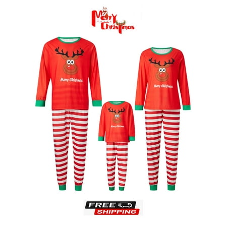 

Christmas Pajamas For Family Letter Elk Head Print Round Neck Long Sleeve Tops + Stripe Long Pants Loungewear Set