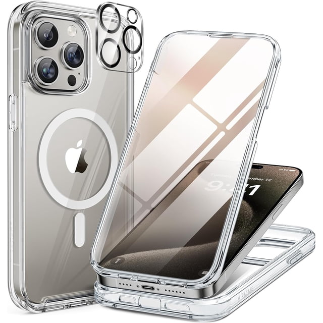 XUCP-Magnetic for iPhone 15 Pro Case, Full-Body Military Drop-Proof Fit for MagSafe, Anti-Scratch 15 Pro Bumper Cover 6.1 inch with Built-in Glass Screen Protector & Camera Protector, Clear
