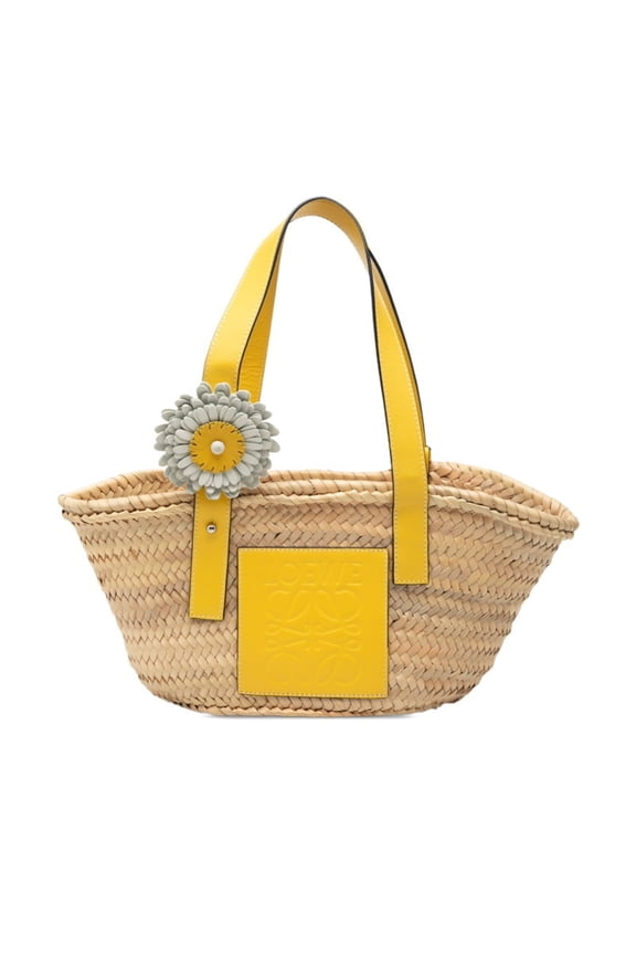 Pre-Owned Loewe Basket Bag Small Flower Straw Tote Handbag Beige Yellow Raffia Leather Women's...