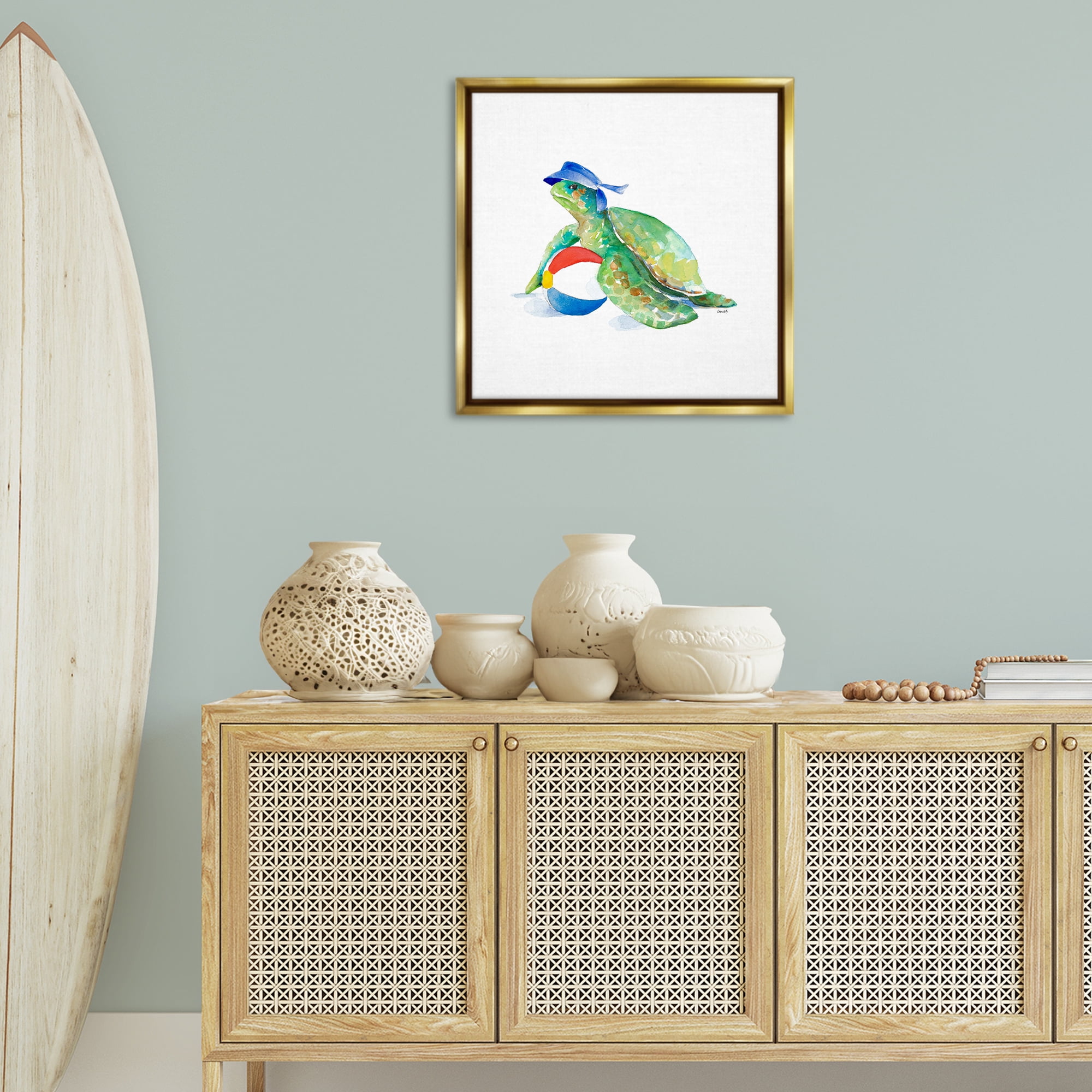 Stupell Industries Turtle & Beach Ball Novelty Painting Gold Floater Framed Canvas Art Print Wall Art, 25 x 25