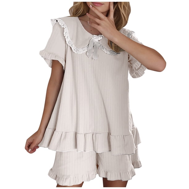 Cozy Knit Cotton Pajamas Cute Doll Collar House Dresses Casual Loose Short  Sleeve Sleepwear Princess Loungewear White Xl - Walmart Business Supplies