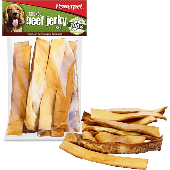 Powerpet Treats Natural Smoked Beef Jerky Skin for Dogs - Premium High Protein, Grain-Free, Rawhide-Free, Long-Lasting Chews, Ideal for All Breeds, Promotes Dental Health - Easy Digestion - 8oz Bag