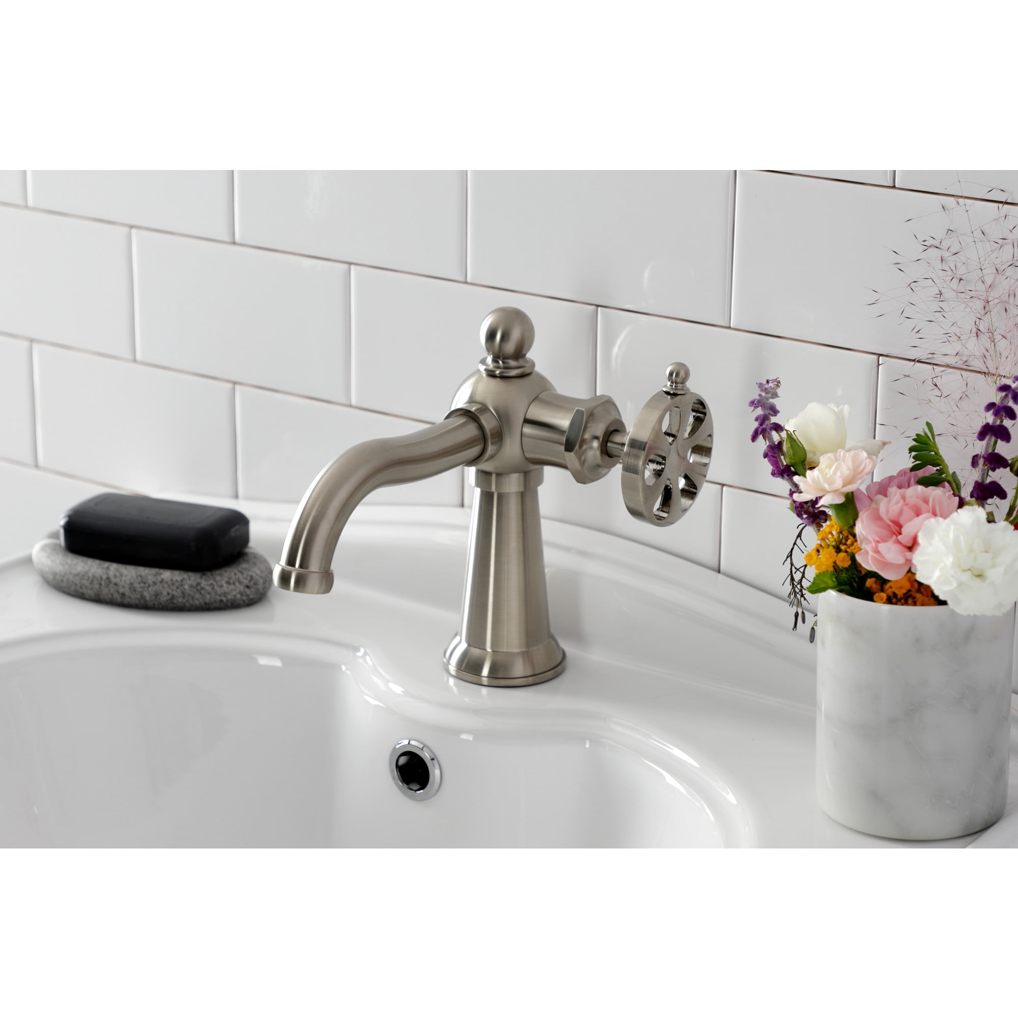 Kingston Brass KS3548RX Belknap One-Handle Single-Hole Bathroom Faucet with Push Pop-Up Drain, Brushed Nickel