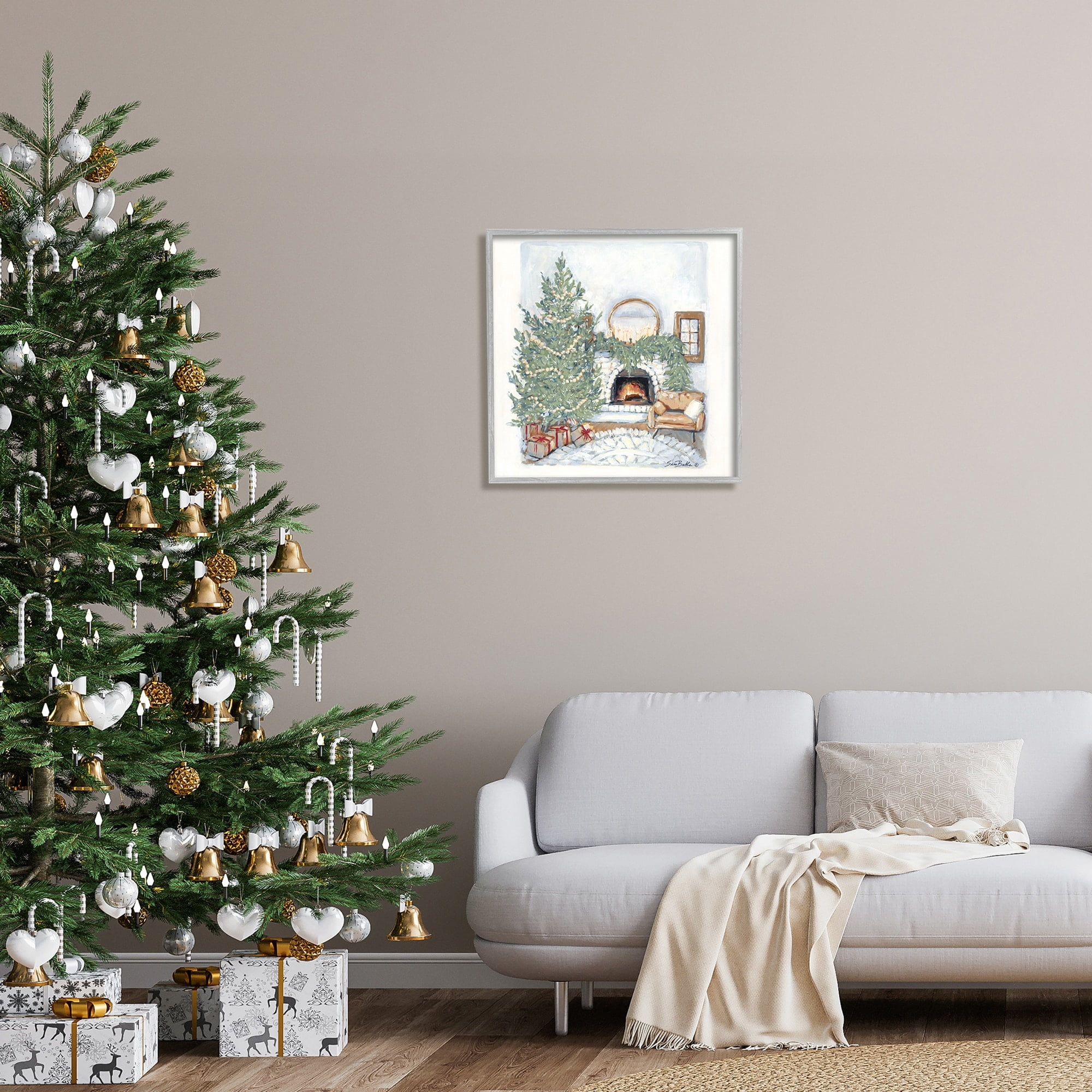 Cozy Christmas Night Gifts Decorated Fireplace Hearth Botanical & Floral Painting Framed Art Print Wall Art