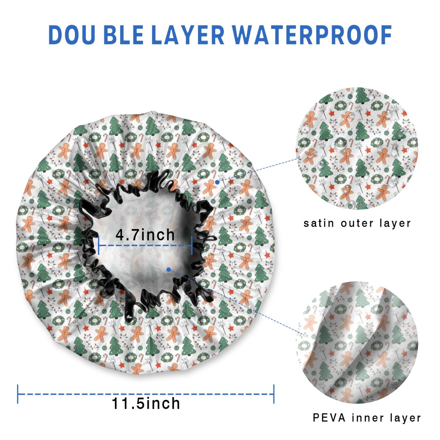 Shower Caps,White Christmas Gingerbread and Tree Pattern Waterproof Shower Cap for Women 4 Pieces,Double Reusable Hair Cover for Shower PEVA Elastic Stretch Hem