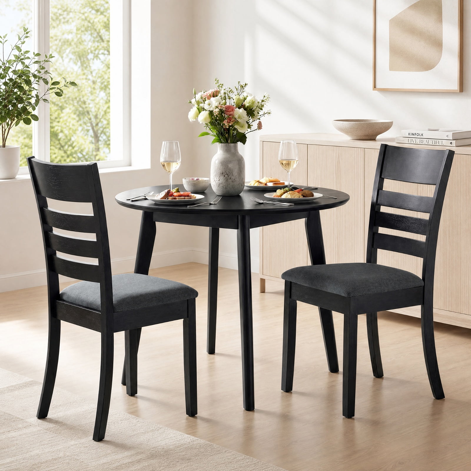 Furnibear Upholstered Dining Chairs Set of 2 Kitchen Chairs with Rubber Wood Frame and Padded Fabric Seat for Dining Room, Black