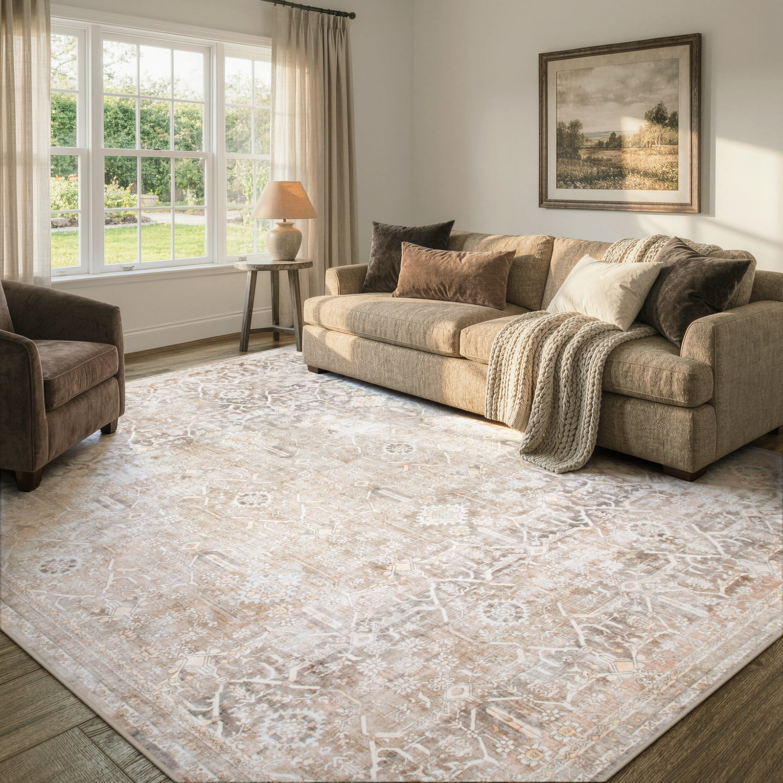 Lahome 8'x10'Washable Area Rug , Neutral Boho Rugs for Living Room Rugs,Non Slip Farmhouse Modern Bedroom Carpet Stain Resistant Aesthetic Print Accent Floor Rug for Dining Guest Office - Beige