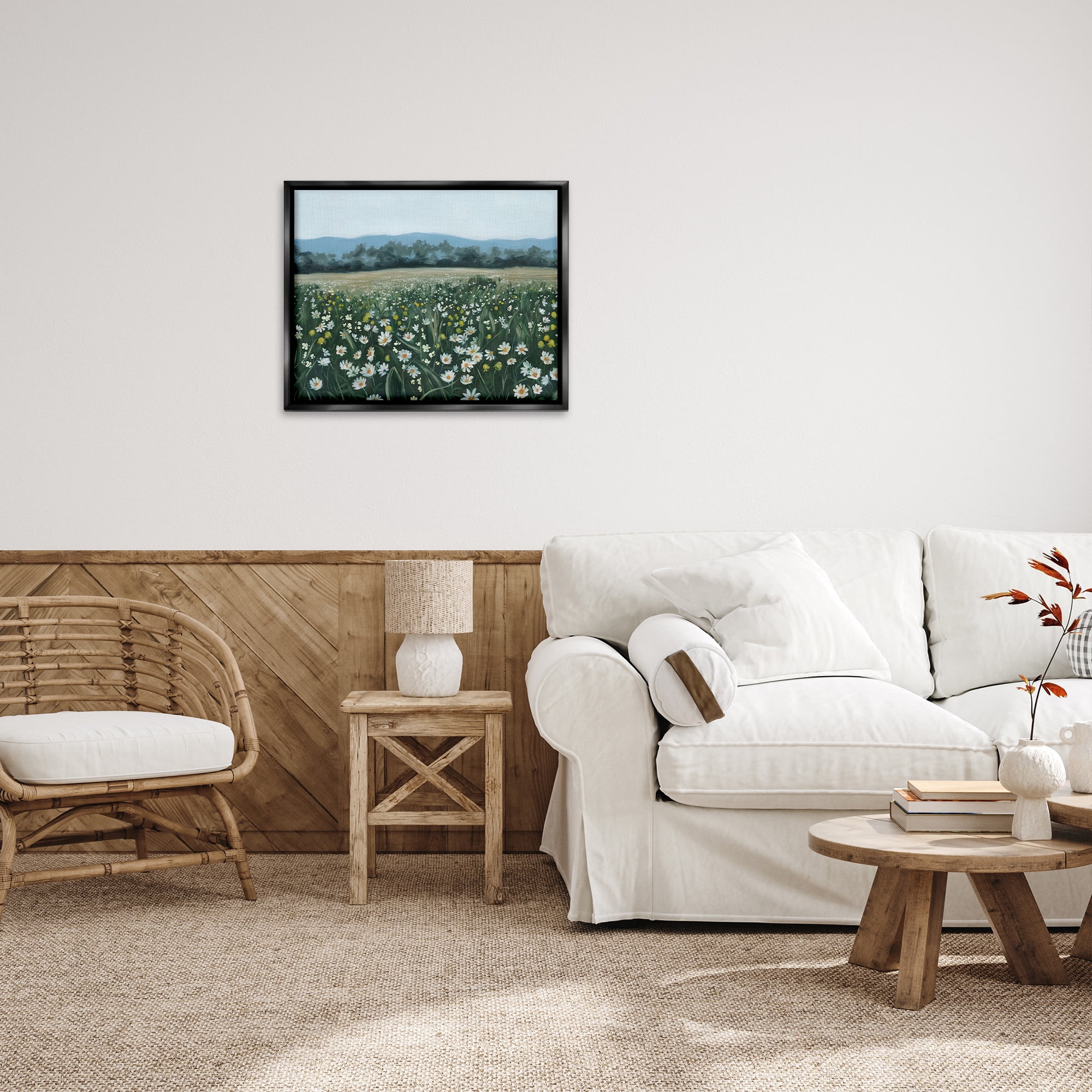 Stupell Industries Traditional Daisy Meadow Landscape Painting Black Floater Framed Canvas Art Print Wall Art, 31 x 25