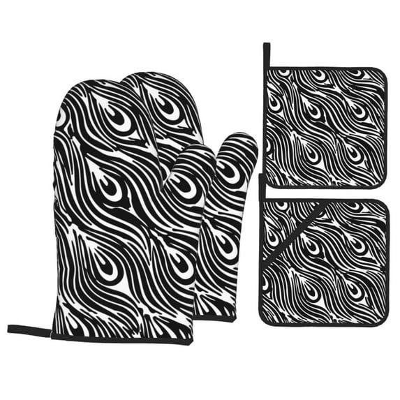 YFYANG Oven Mitts and Pot Holders Sets 4 Pieces, Non-Slip Heat Resistant Peacock Feather Texture Kitchen Glove Pot Mat for Cooking and Baking
