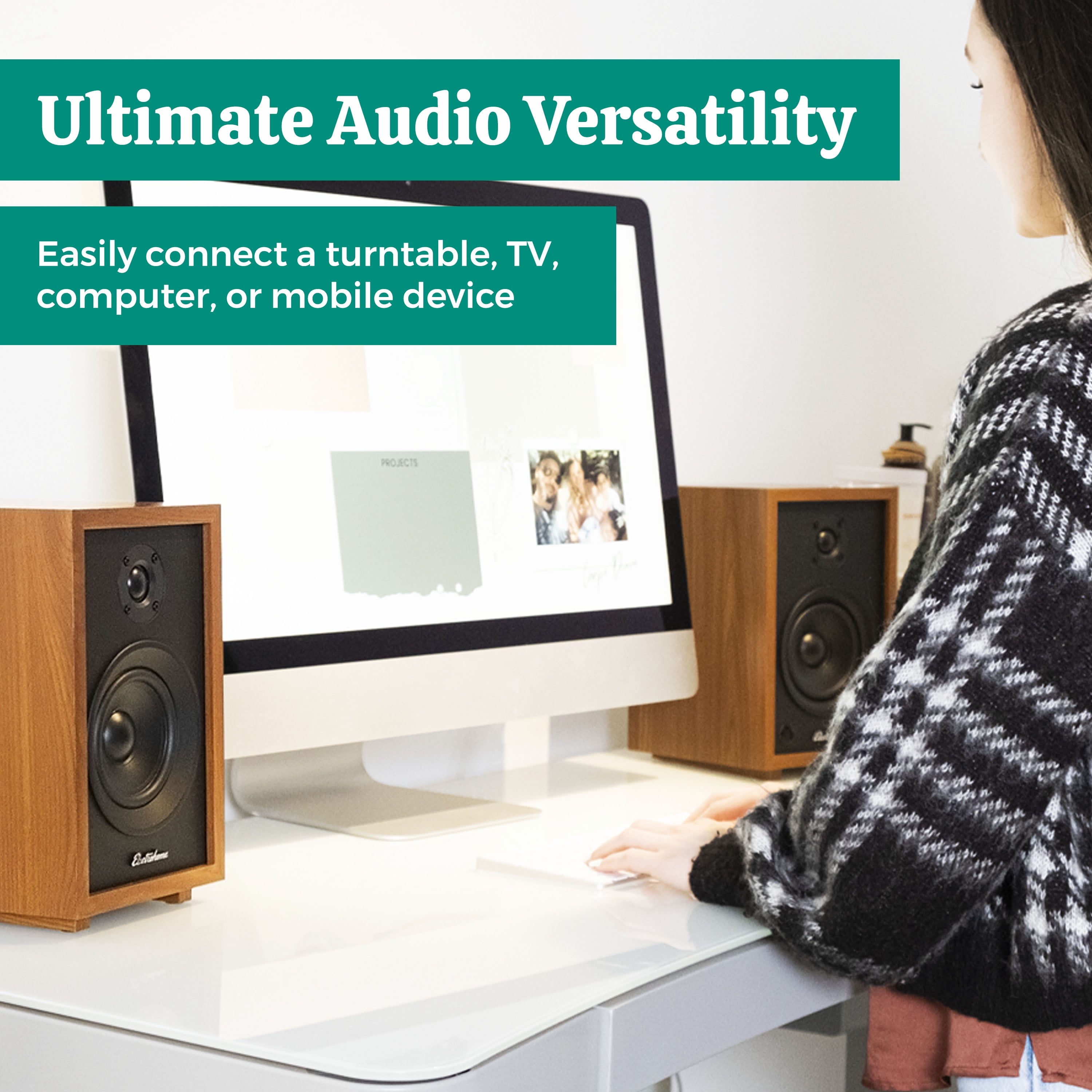 Electrohome McKinley 2.0 Stereo Powered Bookshelf Speakers with Built-in Amplifier and 4" Drivers for Turntable, TV, PC and Wireless Music Streaming featuring Bluetooth 5, RCA and Aux (EB30)