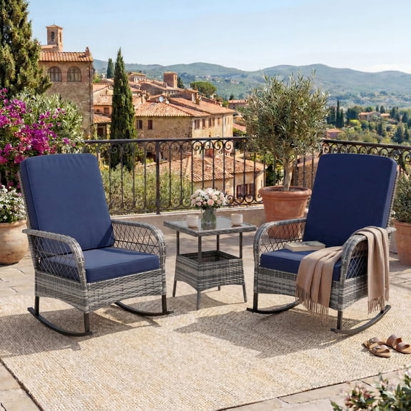 Comfy Outdoor Wicker Rocking Chair Set, 3-Piece Patio Sofa Group with Thick Cushions, Tempered Glass Table, Weather-Resistant Rattan, Ideal for Porch, Garden, Balcony, Conservatory