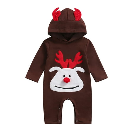 

Sunisery Infant Baby Girls Boys Christmas Romper Elk Print Long Sleeve 3D Ears Hooded Jumpsuit Autumn Outfit Coffee 12-18 Months