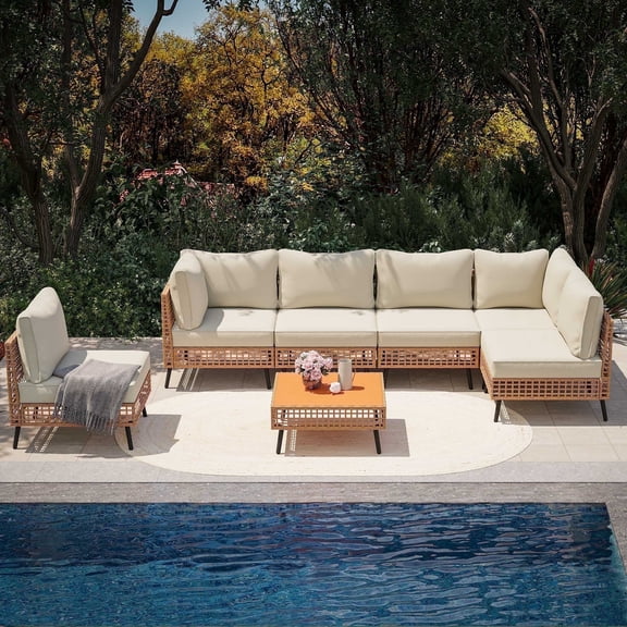 LAUSAINT HOME 7-Piece Outdoor Wicker Patio Furniture Conversation Set, Sectional Sofa with Cushions, Beige