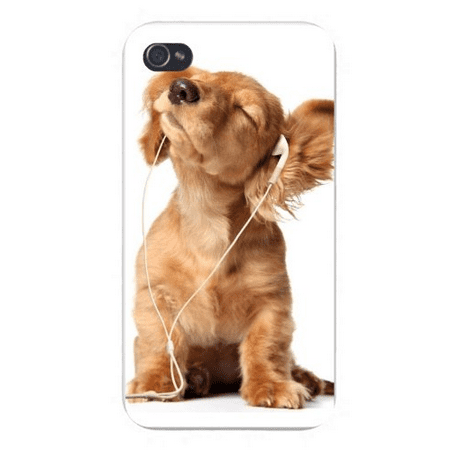 Apple Iphone Custom Case 4 4s White Plastic Snap on - Cute Puppy Dog Listening to Music Headphones