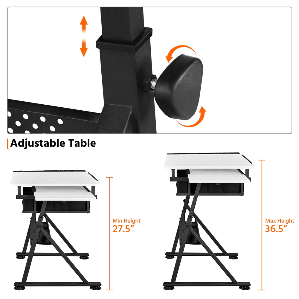 Renwick Drafting Table and Stool Set with Adjustable Table Angles & Heights, White