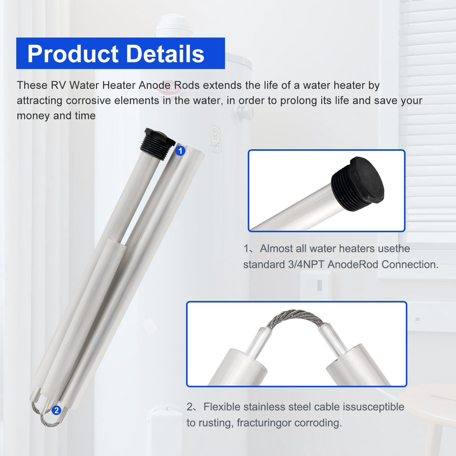 44 Inch Flexible Magnesium Water Heater Anode Rod, 3/4" NPT Thread Replacement for Most Standard Tanks, Includes 1-1/16" Hex Socket Tool & Teflon Tape