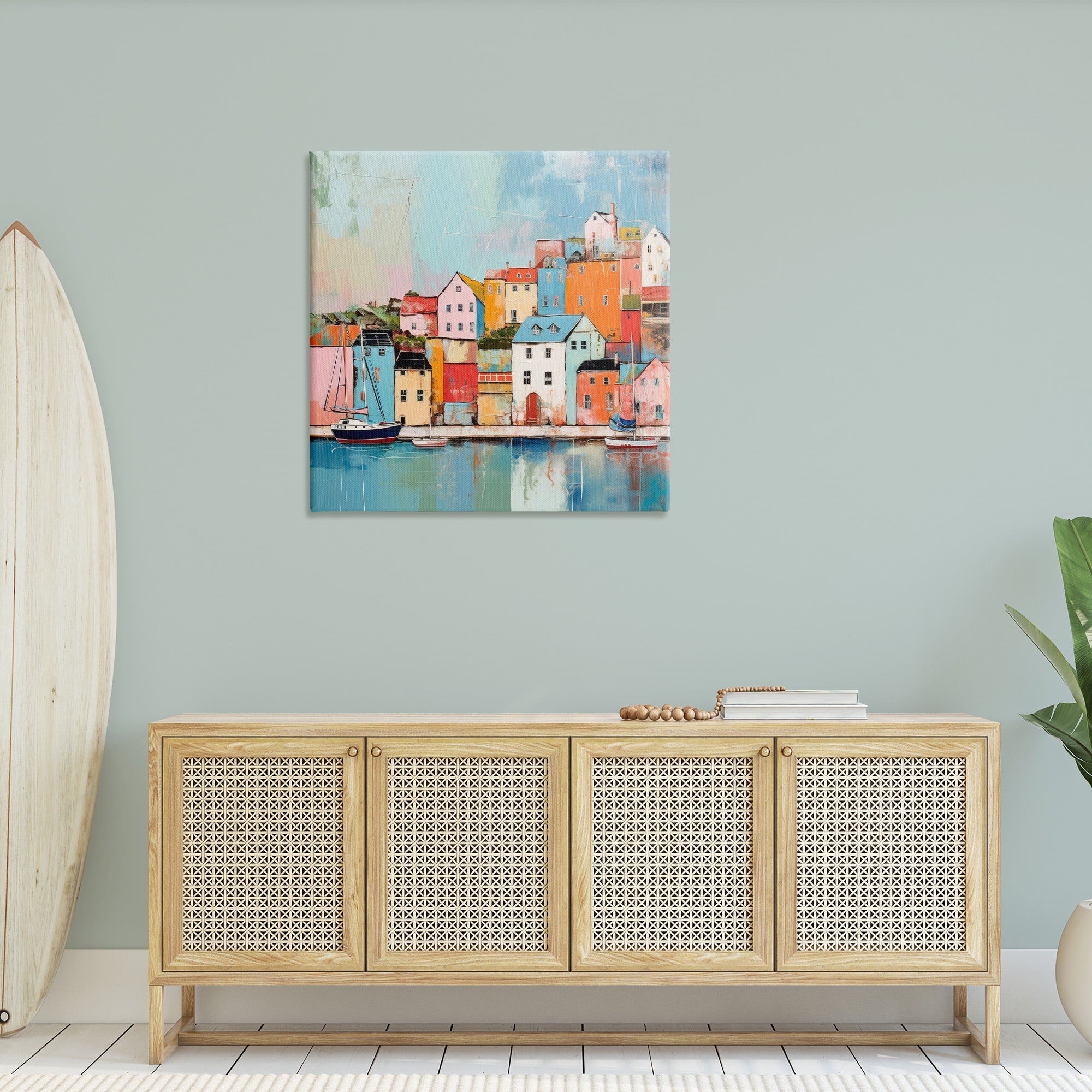 Stupell Industries Seaside Neighborhood Painting Transportation Painting Gallery Wrapped Canvas Art Print Wall Art, 36 x 36