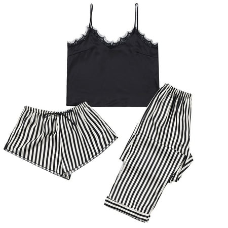 

MPWEGNP Women Striped Print Lace Strap Underwear Sleepwear And Shorts Long Pants Pajamas 3PC Suits Sets Sleepwear Pajama Set Warm Women Sleepwear
