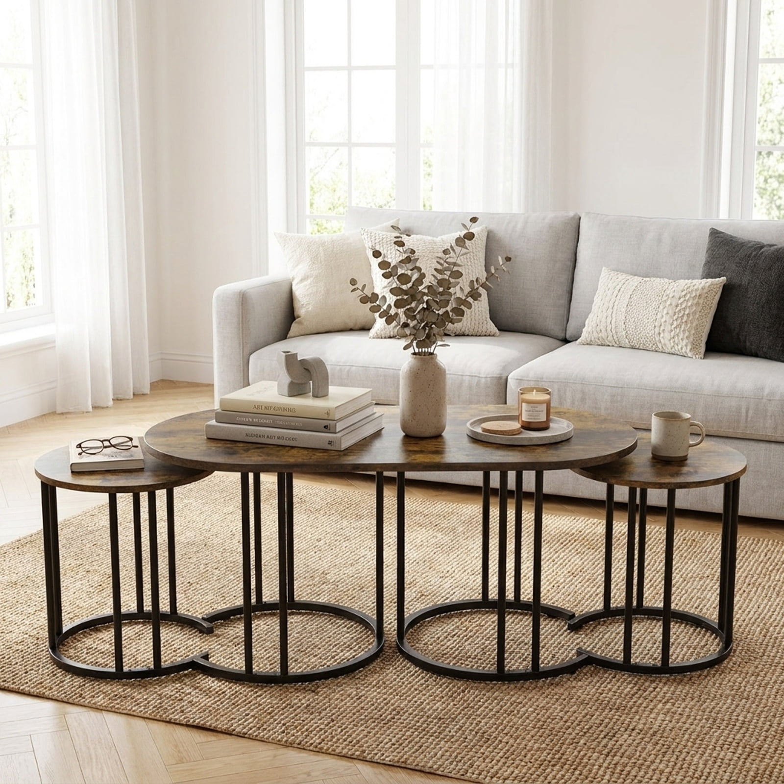 Furnibear Nesting Coffee Table Set of 3 with Wood Grain Tabletop and Powder Coated Black Metal Frame for Living Room, Rustic Brown