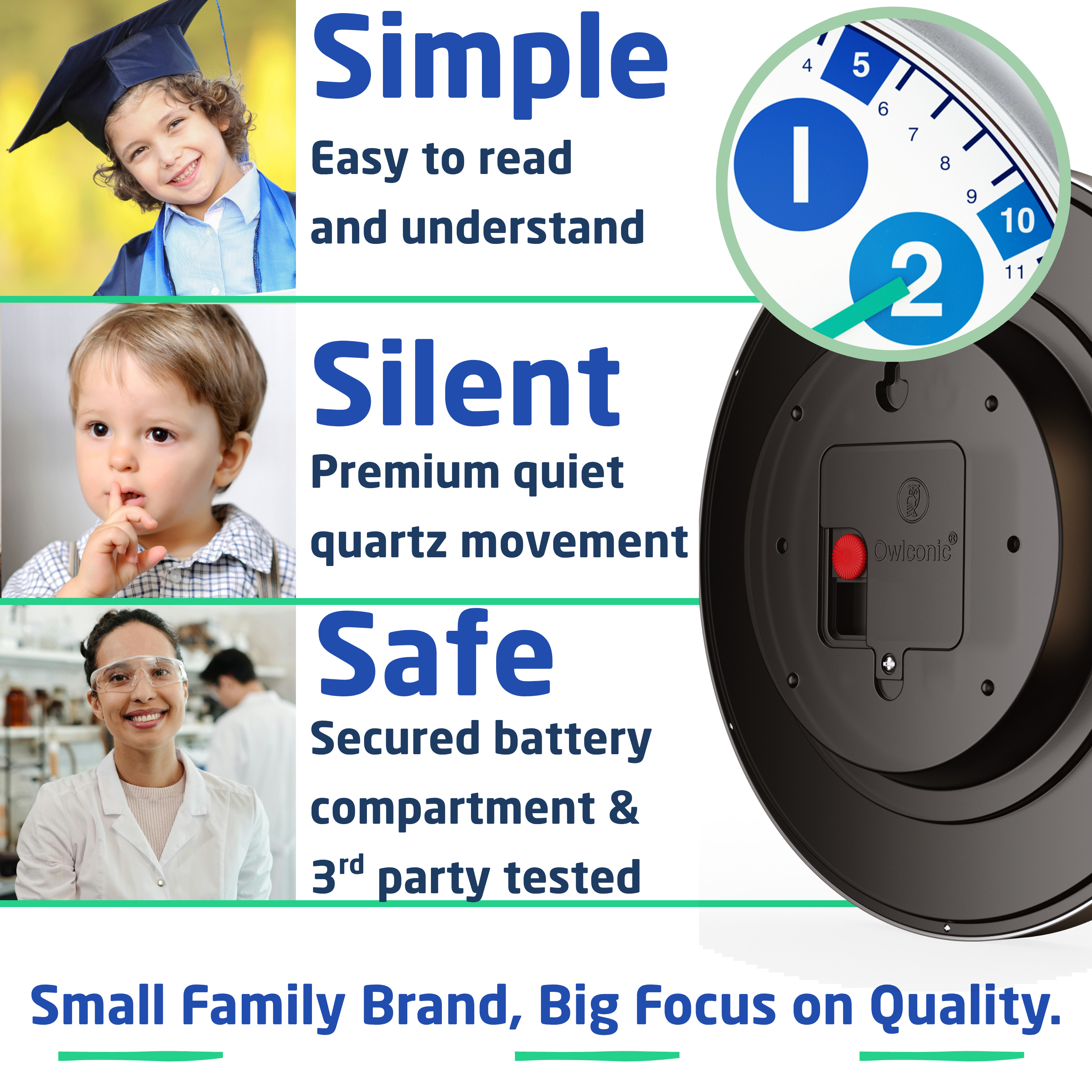 Owlconic® Kids Learning Wall Clock, Silent Analog Teaching Clock, 10 Inch, Blue Green