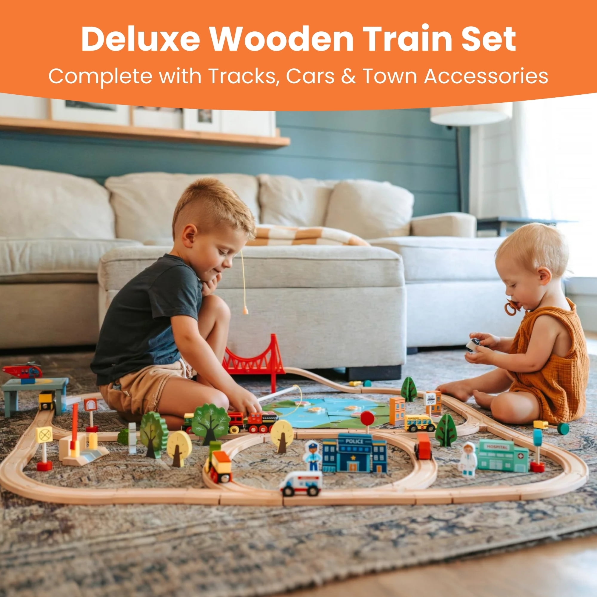 Tiny Land 110-Piece Wooden Train Set with Track, Ideal for Ages 3-7, Wooden Toy for Boys & Girls