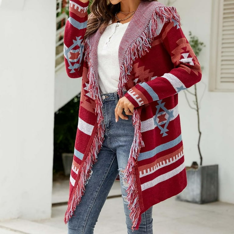 PuliPuqi Womens Cardigan Sweaters Ladies Fringe Lapel Long Sleeve Aztec Print Knit Long Cardigans Coat Tops Color Block Outwear