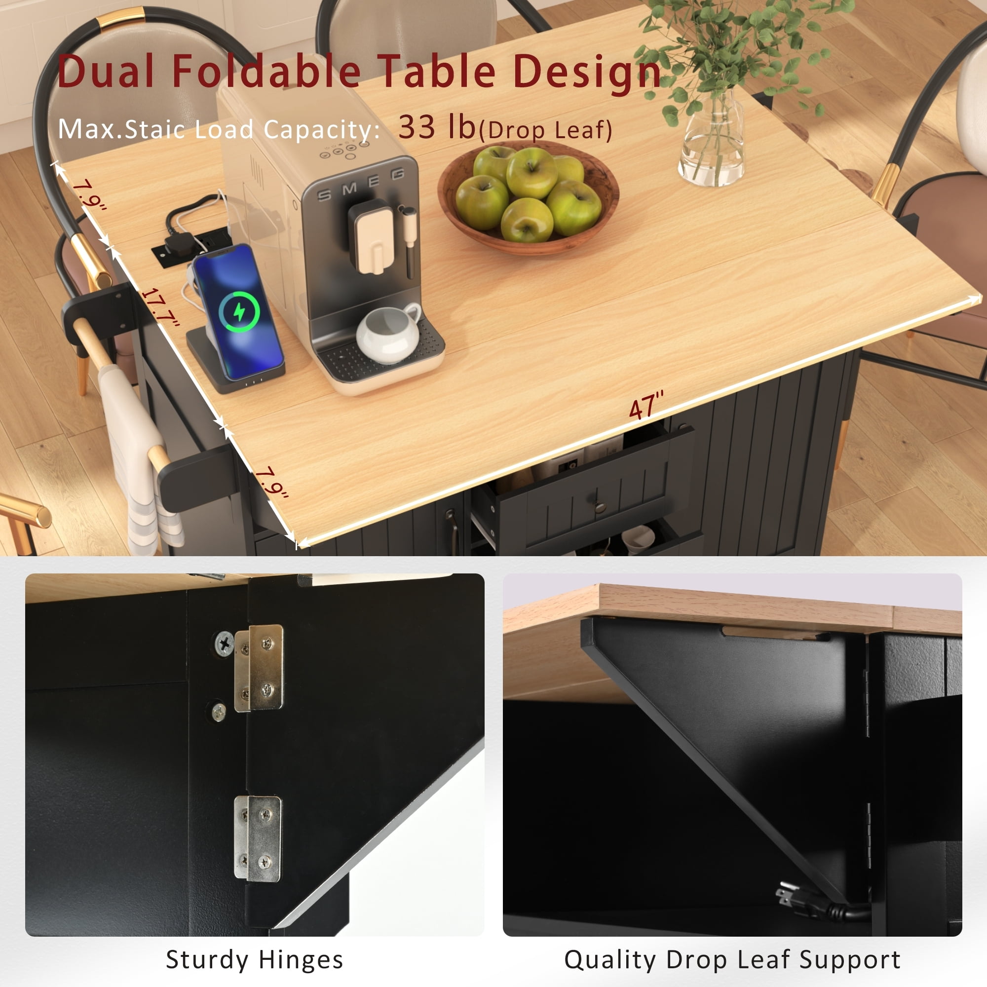 DEALTOPS 55.7" Large Kitchen Island with 2 Drop Leaf, 3 Drawers, Rolling Kitchen Cart on 5 Wheels with Power Outlet, Folding Storage Dining Table with Spice & Towel Rack for Kitchen-Black
