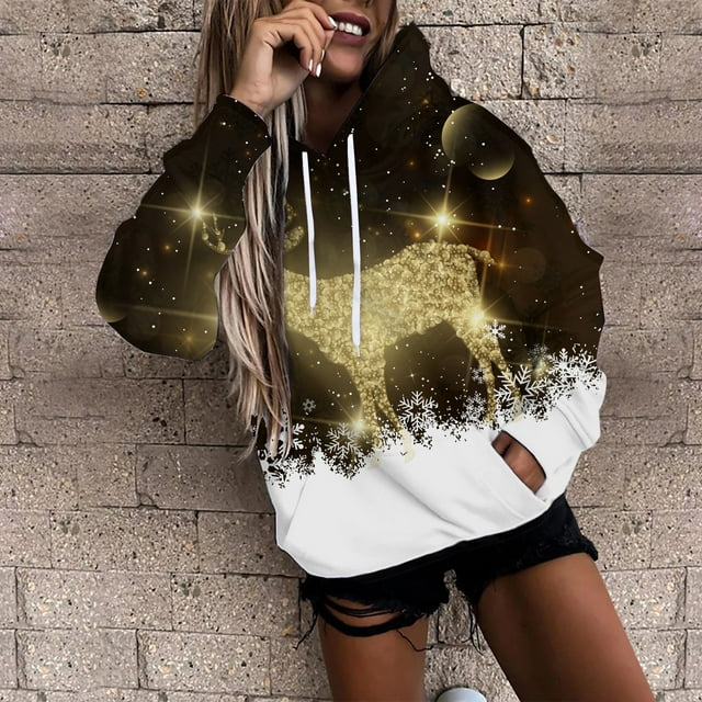 Costumes de Noël 2023 Mode Pull Imprimé pour Femmes Manches Longues Blouse à Capuche Sweat-Shirt Pull pour Femmes en Solde