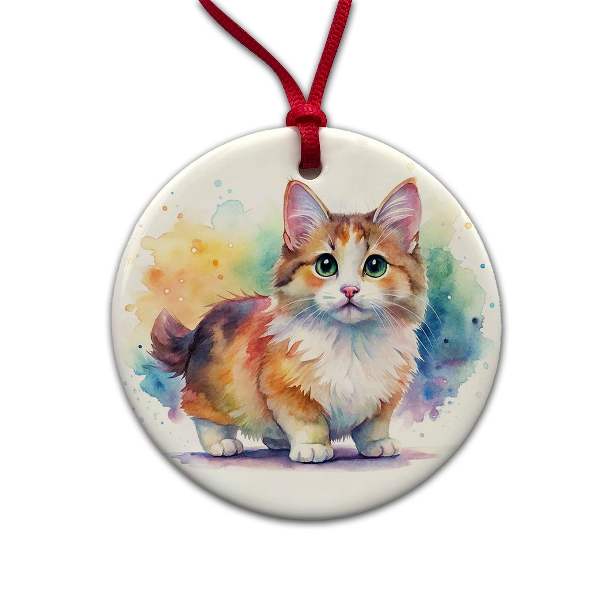 Munchkin Cat Watercolor Style Christmas Tree Holiday Round Ceramic Ornament