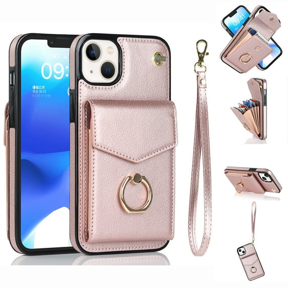 Mantto Wallet Case Compatible for iPhone 14 Plus, Wrist Strap Handbag PU Leather Shockproof Magnetic Case with Card Slots Finger Ring Holder Kickstand RFID Blocking Cover for iPhone 14 Plus,Rosegold