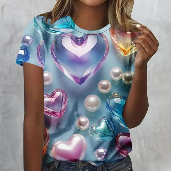 EchfiProm Womens T shirts Valentine Day Colorful Heart Graphic Tee Casual Valentine Short Sleeve Cute Shirts for Women